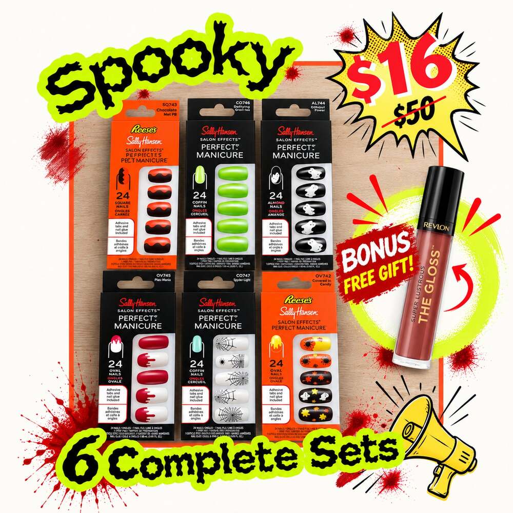 Sally Hansen Perfect Manicure Press On Nails Halloween Lot of 6 BONUS Lip Gloss